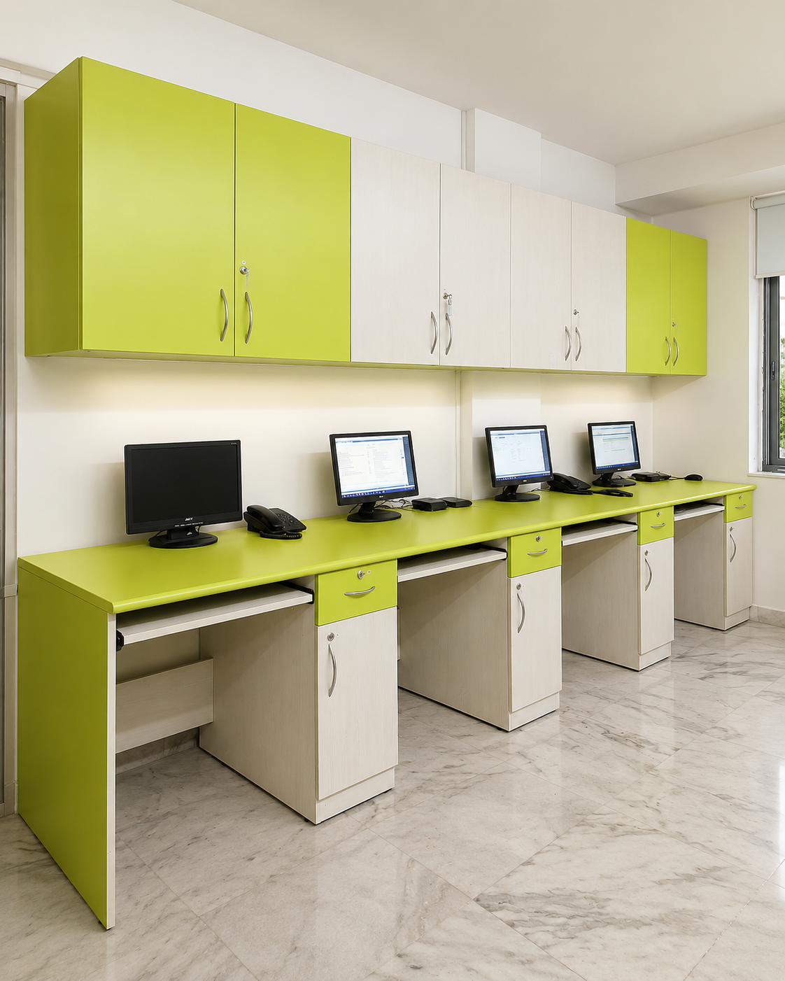 Compact Office Workstation with Overhead Storage