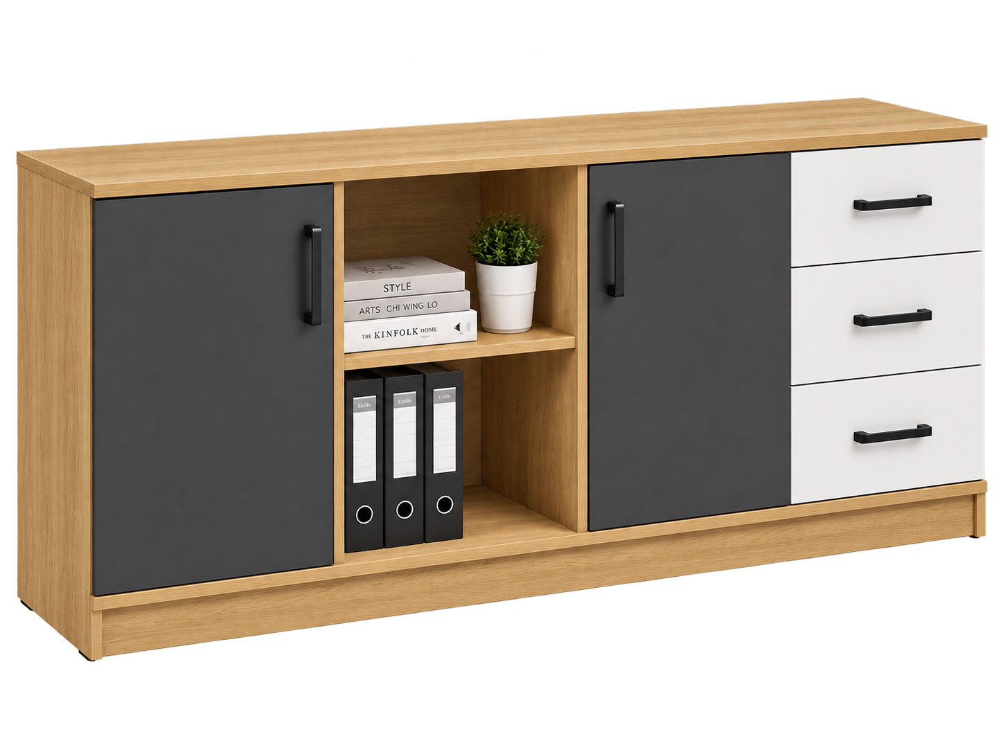 wo-Door, Three-Drawer Office Storage Cabinet with Open Compartments